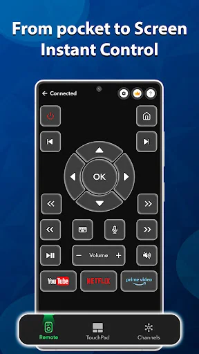 Remote control interface showing directional buttons, OK center control, volume, and YouTube, Netflix, Prime Video shortcuts