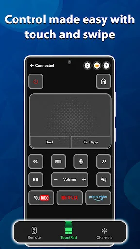 Touchpad interface with touch and swipe controls for TV remote navigation, back button, and exit app functionality