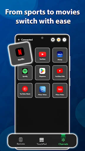 Streaming app shortcuts for Netflix, YouTube, Disney, Spotify, YouTube Kids, YouTube Music, Peacock, and Pluto Video