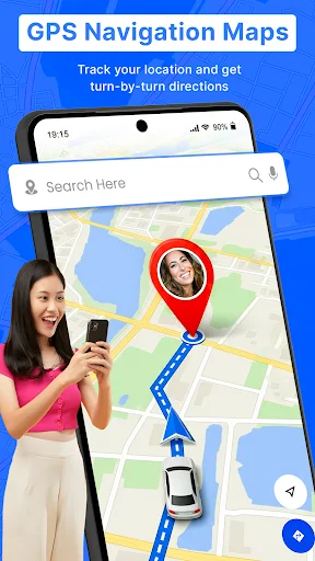 GPS Navigation Maps app showing location tracking with blue route line, red pin marker for current position, and search bar for turn-by-turn directions guidance