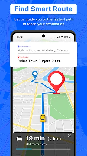 Find Smart Route feature displaying fastest navigation path from National Museum Art Gallery Chicago to China Town Square Plaza with 19-minute estimated travel time