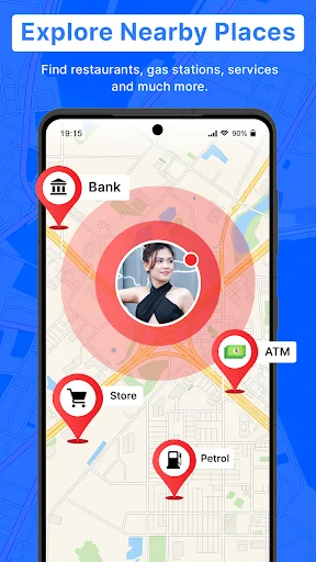 Explore Nearby Places showing map with user location and nearby services including banks, stores, ATMs, petrol gas stations within search radius