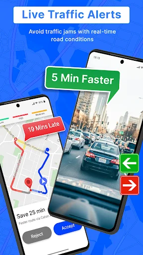 Live Traffic Alerts feature comparing routes with real-time traffic conditions, showing 5 minutes faster alternative route to avoid 19-minute traffic delays