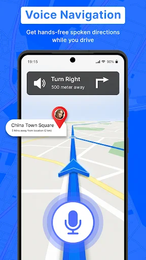 Voice Navigation interface providing hands-free turn-right instruction 500 meters ahead with microphone button and spoken direction guidance while driving