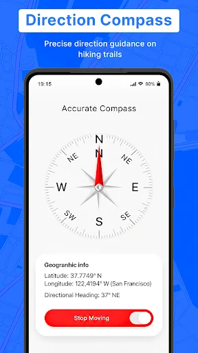 Direction Compass with cardinal directions showing precise 37 degrees northeast heading and geographic coordinates for hiking trail navigation and orientation