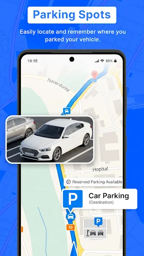 Parking Spots feature displaying saved car location, reserved parking availability information, distance details, and vehicle tracking on route map