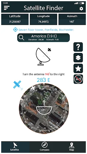Satellite Finder antenna alignment screen with compass dial showing 140° azimuth direction for Amarica 19E satellite