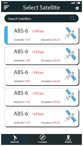 Satellite selection list showing ABS-6 satellite with azimuth 143°, elevation 256.28 degrees, and search function