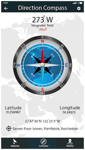 Direction Compass displaying 273° West magnetic bearing with 200µT field strength and geographic location data