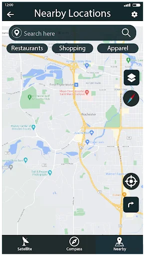 Nearby Locations map view with location search, restaurant, shopping, apparel filters, and location pin markers