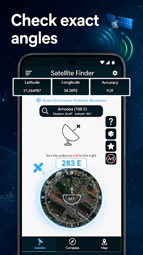 Satellite Finder showing latitude azimuth and accuracy angle measurements for precise dish alignment