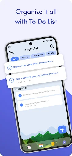 To-do list with Work, Personal, Goals categories, task checkboxes, and add button for organizing daily tasks and reminders