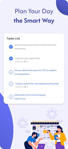 Tasks list showing five priority items with checkmarks, descriptions, and times for planning your day efficiently