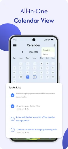 Calendar view showing May 2025 with integrated tasks list, time stamps, and reminders for scheduling and planning