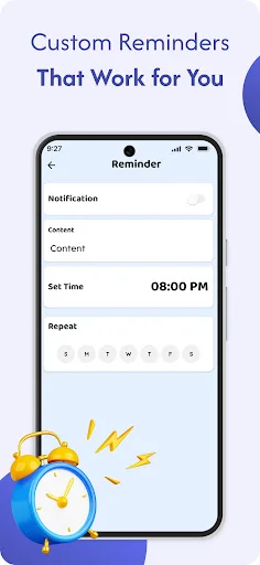 Reminder setup screen with notification, content field, time picker showing 08:00 PM, and repeat day options for custom reminders