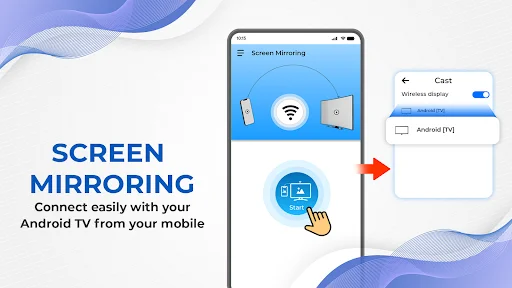 Screen Mirroring app interface showing WiFi connection, device icons, and Cast to Android TV settings panel