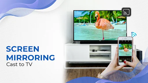 Mobile phone casting flamingo video content to TV screen using wireless screen mirroring feature