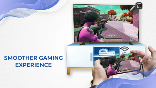 Mobile gaming screen mirrored to TV displaying action game for enhanced gaming experience