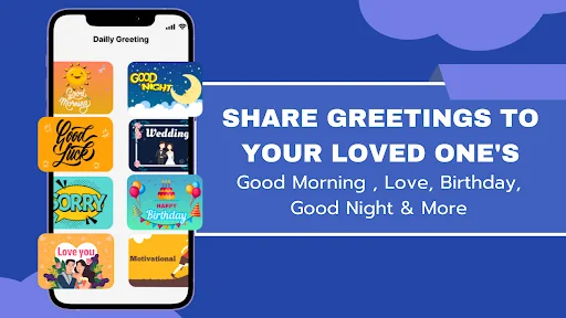 Share All Day Greetings app home screen with greeting categories: Good Morning, Love, Birthday, Wedding, Good Night for sharing
