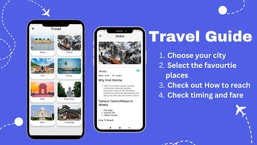 Travel Guide feature with destination browsing, city selection, favorite places, and route and fare information for trips