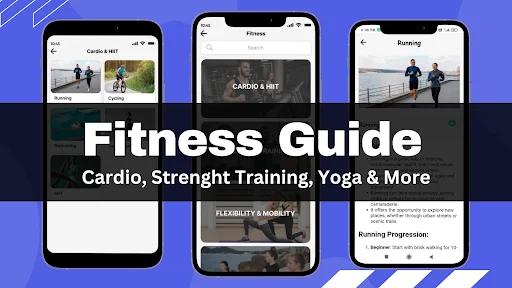 Fitness Guide displaying workout categories: Cardio & HIIT, Running, Cardio, Strength Training, Yoga and flexibility mobility