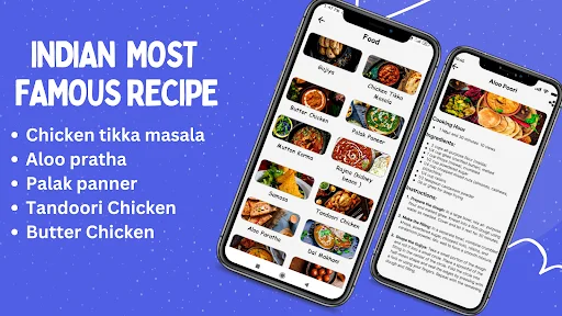 Indian recipes including Chicken tikka masala, Aloo pratha, Palak paneer, Tandoori Chicken, Butter Chicken with cooking guide