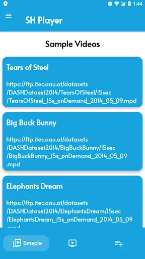 SH Video Player app showing sample videos list with Tears of Steel, Big Buck Bunny, and Elephants Dream HD movies