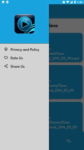 SH Video Player navigation menu displaying Privacy Policy, Rate Us, and Share Us options with app icon