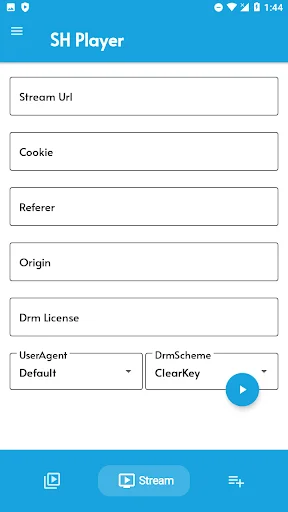 SH Player stream configuration screen with URL, Cookie, Referer fields and UserAgent dropdown for video streaming