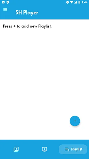 SH Video Player playlist creation screen with add button and empty playlist view for organizing video content
