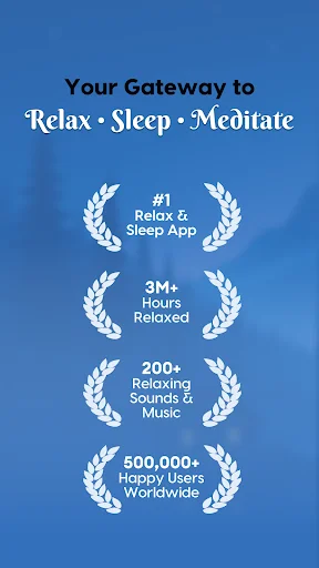 Sleepy Sounds app homepage showing #1 Relax & Sleep App award, 3M+ relaxed hours, 200+ sounds & music, 500K+ users worldwide