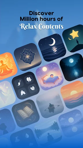 Content discovery grid displaying diverse relaxing sounds including nature, meditation, music, and ambient sleep sounds