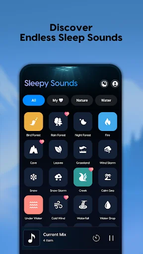 Sleep sounds browser interface with tabs for All, Favorites, Nature, Water, and icon categories for forest, rain, fire, cave sounds