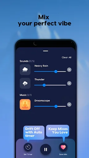 Custom sleep mix mixer allowing adjustment of multiple sound layers like heavy rain and thunder with auto-timer and save options