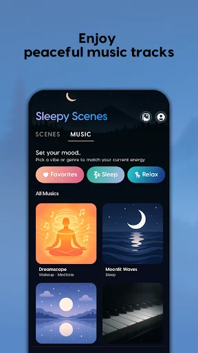 Sleepy Scenes interface showing peaceful music tracks with filter options for Favorites, Sleep, and Relax moods and energy levels