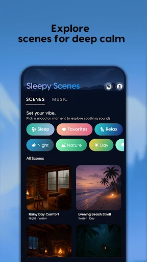 Sleep scenes explorer with mood filter buttons for Night, Nature, Day categories displaying calming scene collections