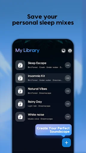 My Library saved mixes list showing personal soundscape collections including Sleep Escape, Insomnia Kit, Natural Vibes, Rainy Day