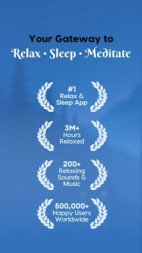 Sleepy Sounds app awards and achievements screen showcasing #1 Relax & Sleep App rating, 3 million hours relaxed, 200+ sounds, and 500k users worldwide