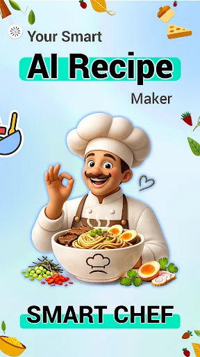 SmartChef AI Recipe Generator app welcome screen featuring cartoon chef with pasta bowl and 'Your Smart AI Recipe Maker' title