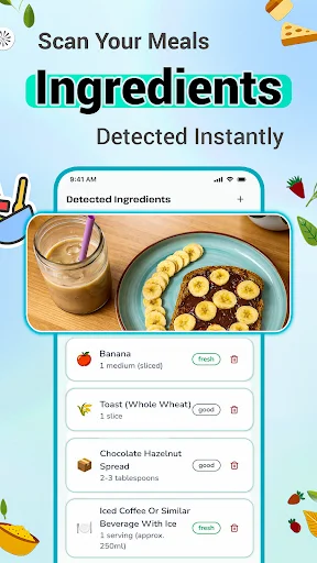SmartChef ingredient detection feature scanning food photo showing detected ingredients list including banana, toast, chocolate spread