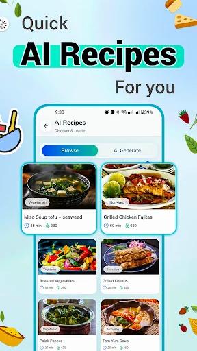 SmartChef AI recipes grid displaying quick recipe recommendations with Browse and AI Generate options for meal ideas