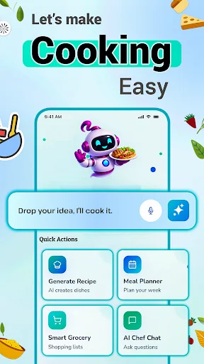 SmartChef cooking assistant interface with AI chat input field and Quick Actions for recipe generation and meal planning