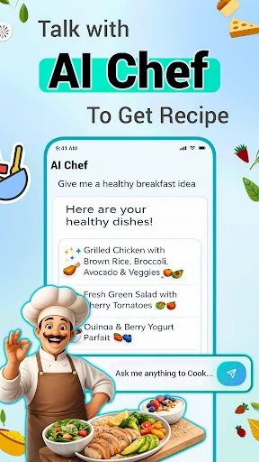 SmartChef AI Chef conversation screen showing healthy breakfast recipe suggestions generated from user request