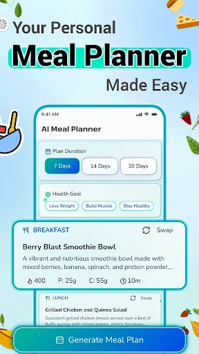 SmartChef Meal Planner showing 7-14-30 day planning options with sample breakfast and lunch recipes with nutritional info