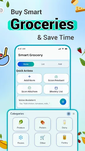 SmartChef Smart Grocery list interface with quick actions to add items, scan products, scan kitchen, and view weekly lists