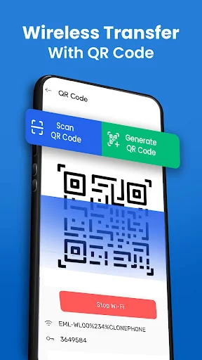 QR code wireless transfer interface showing scan QR code and generate QR code options for device pairing