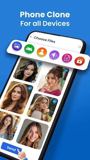 Phone clone interface displaying photo grid with category icons for selecting files to transfer between devices