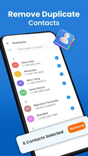 Duplicate contacts removal screen showing contacts list with 6 selected contacts and remove action button