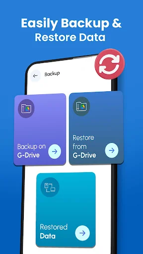 Backup and restore data interface with G-Drive backup option and restore from G-Drive with progress tracking