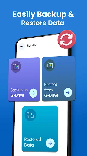 Backup and Restore Data interface with Google Drive backup and restore options and recovered data status